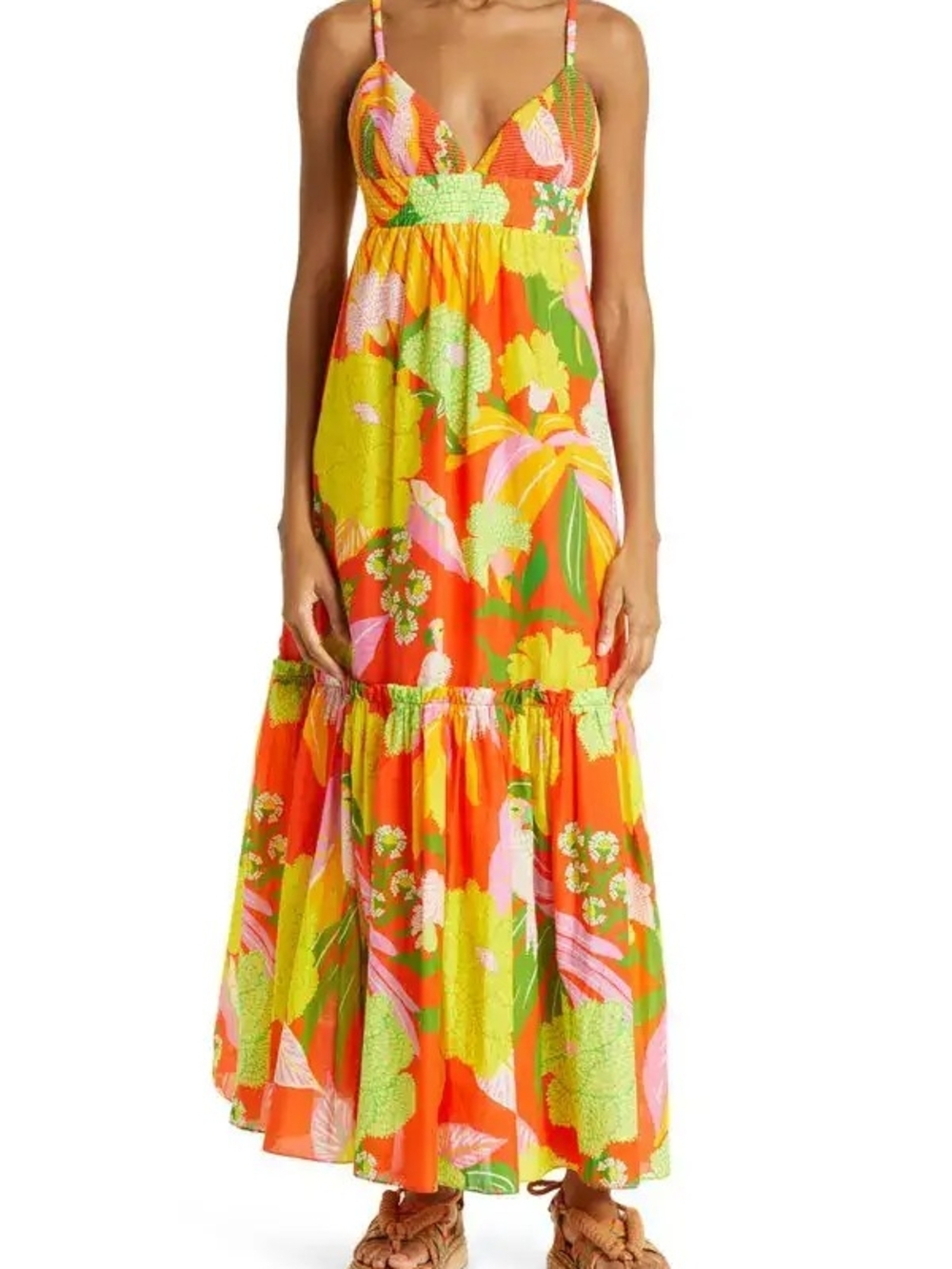 Farm Rio Neon Floral Tiered Cotton Maxi Dress